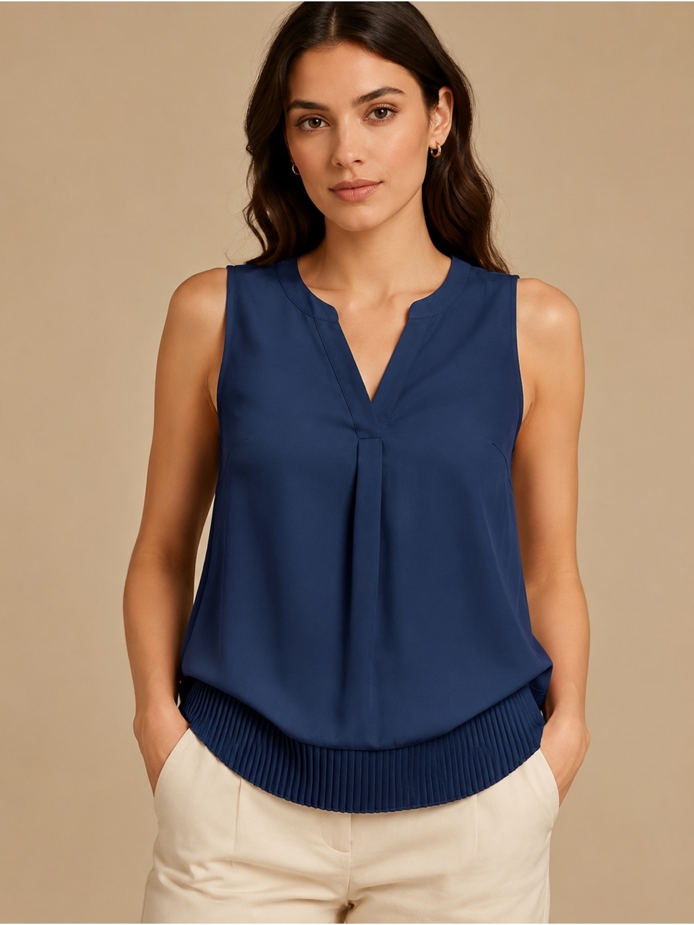 Zac & Rachel Navy Sleeveless V-Neck Pleated-Hem Camisole